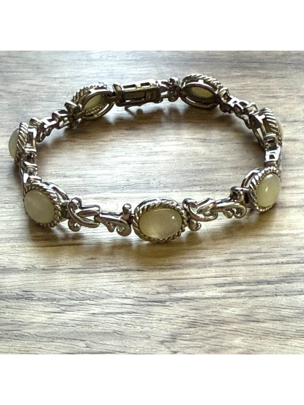 Vintage .925 Sterling Silver Mother of Pearl Cabochon Filigree Link Bracelet 7"